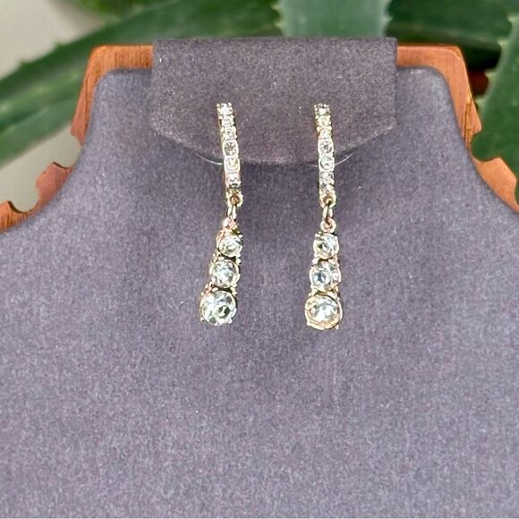 Saks Fifth Avenue Gold-Tone Crystal Hoop Drop Earrings 1.5” Statement Dangle - Picture 2 of 7